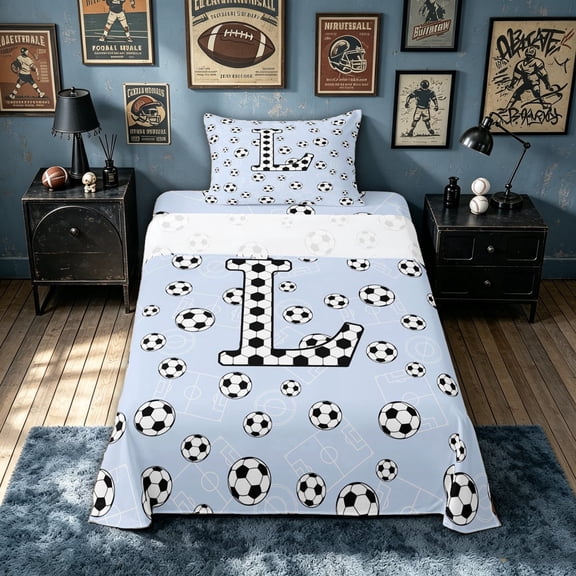 meiyoeat Cartoon Honeycomb L Letter Twin Sheets for Boys, Cute Football Lover Bedding, 3pcs, 1 Flat Sheet, 1 Fitted Sheet and 1 Pillowcase