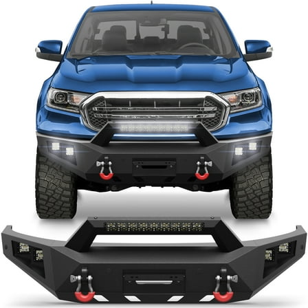 POFENZE Fits 2019-2023 Ford Ranger Front Bumper Off-Road Bumper Equipped with Winch Plate and LED Lights