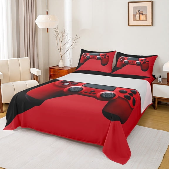 Manfei Teens Video Game Twin Sheet Sets,Console Game Lover Twin Fitted Sheet,Green Black Flat Sheet For Kids,Microfiber Bedroom Decor,3 Pieces