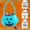 thumbnail image 3 of SCS Direct Halloween Teal Halloween Pumpkin Fabric Trick or Treat Tote- Soft Canvas Candy Bag 8" x 8" Kids Light Blue Allergy Friendly Awareness, 3 of 5