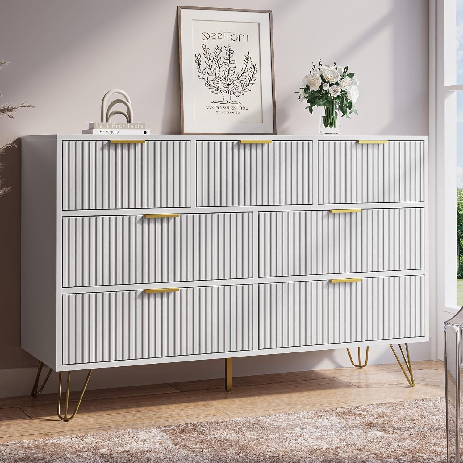 FURNIWAY Dresser for Bedroom, Fluted Modern Dresser with Gold Pulls and 7 Drawers,Fluted Wood TV Stand for Living Room, Hallwa,White