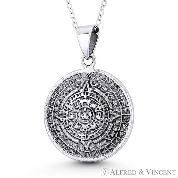 Mayan Calendar & Aztec God Tlaltecuhtli 36x25mm Pendant & Chain Necklace in Oxidized .925 Sterling Silver
