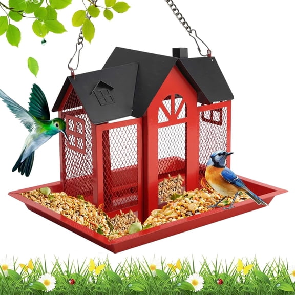 Outdoor bird feeder, (9.8 inches ×7.8 inches ×6.7 inches) squirrel repellent bird feeder, suspended bird feeder, metal mesh hollowed-out design, weatherproof and durable, suitable for cardinals, tit