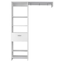 JERFIT White Freestanding Closet Organizer with Drawer, Open Shelves and Hanging Rod for Bedroom, Walk-in & Reach-in Closet Storage System
