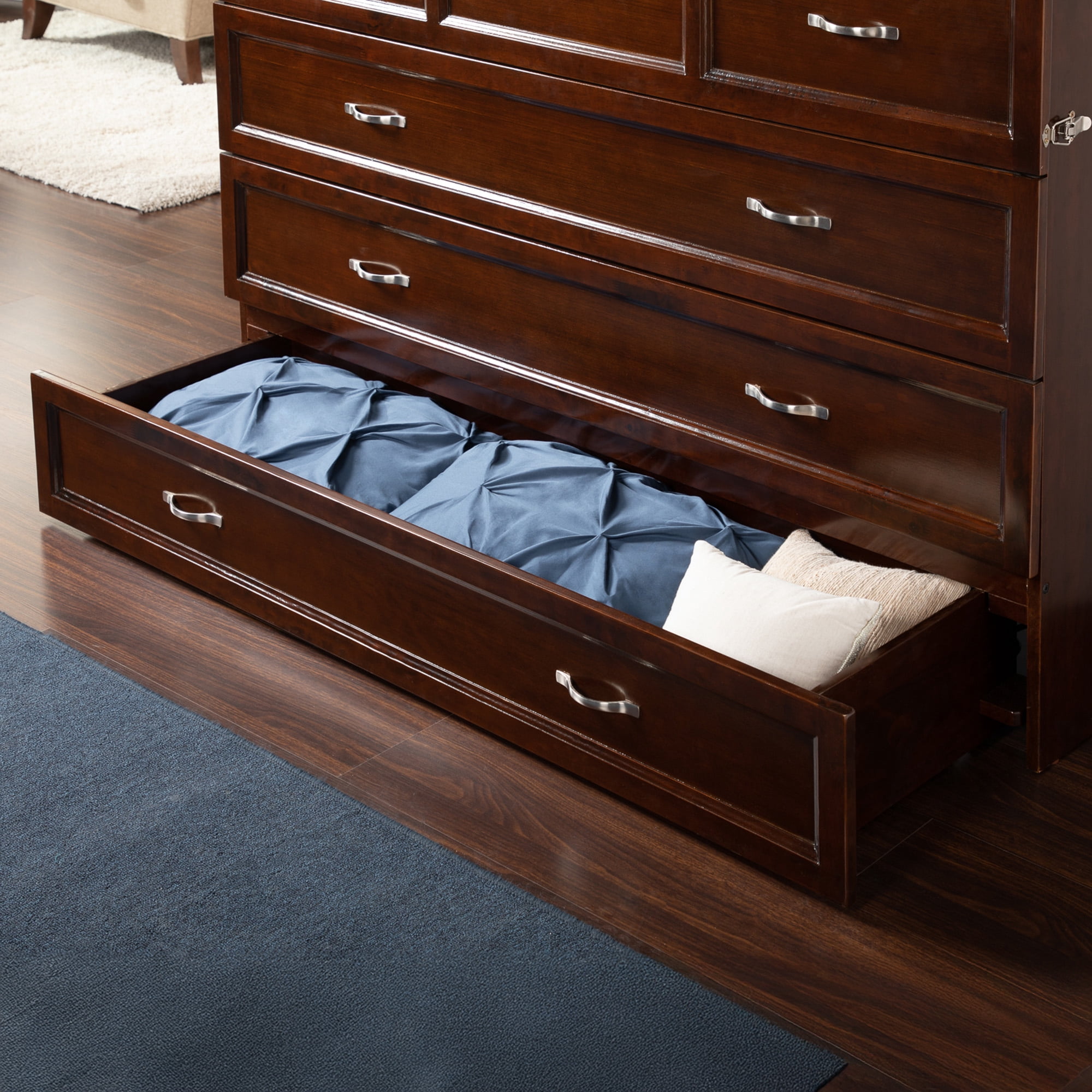 AFI Deerfield Queen Solid Wood Murphy Bed Chest with Mattress, Drawer & Charger in Walnut