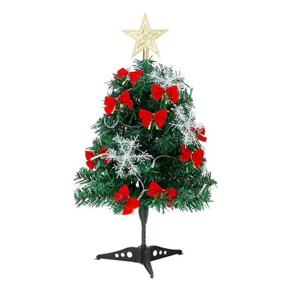 17.7 Inch Christmas Tree With Bow Snowflake Treetop Star And Led Lights For Tabletop Holiday Party Decor