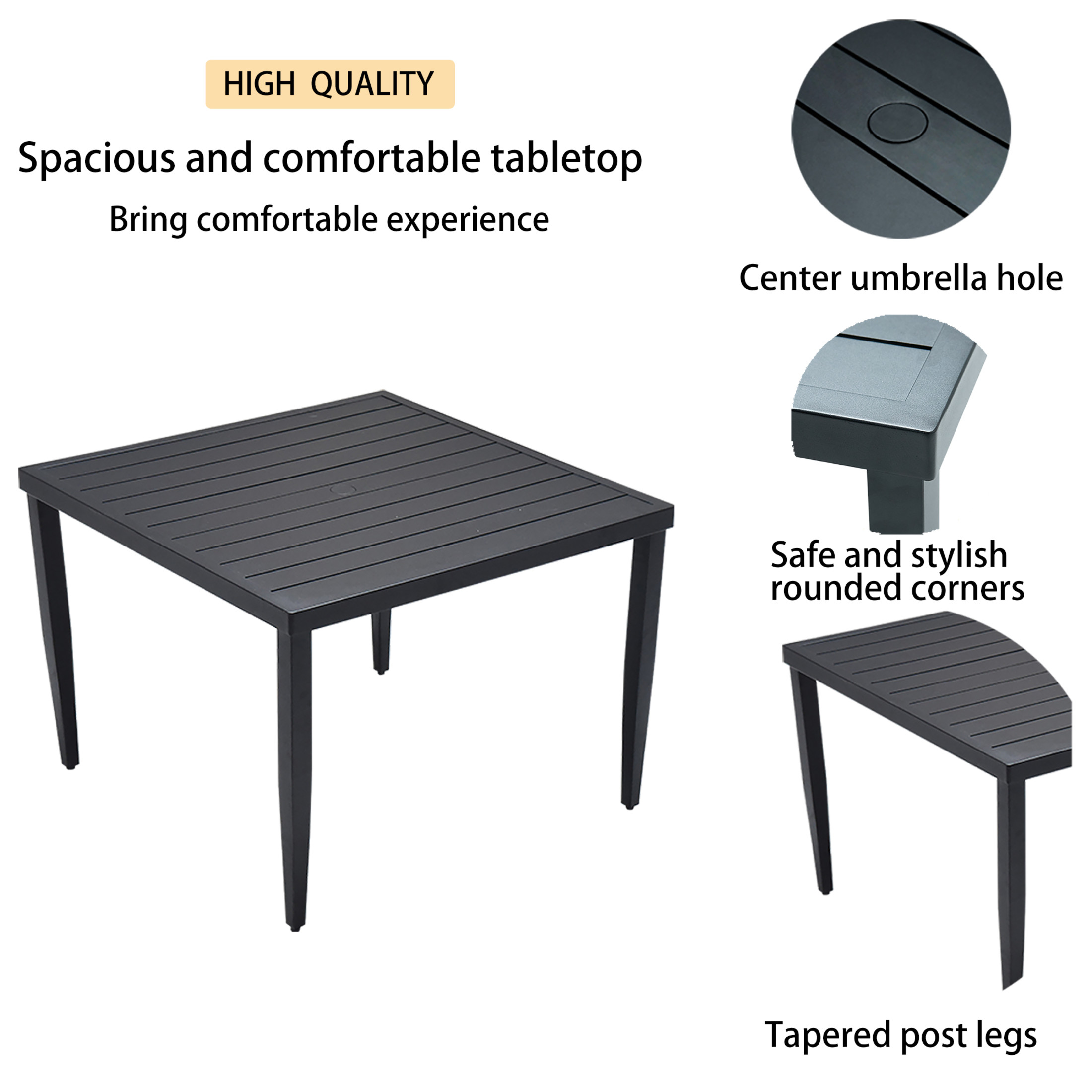 Noble House Loft 40" Square Aluminum Outdoor Dining Table, Umbrella Hole, Tapered Legs, for Patio, Garden, Ember Black