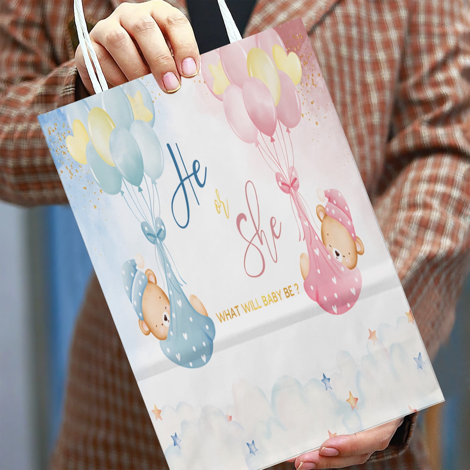 20Pcs Bear Gender Reveal Party Favor Bags, He or She What Will Baby Be Blue Pink Baby Shower Watercolor Boy or Girl Cute Cartoon Ballon Sky Decorations