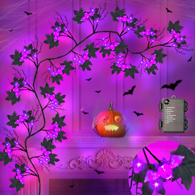 Decoración de ramitas de sauce de Halloween de 6 pies y 54 LED, guirnalda de Halloween negra con murciélago y luces LED moradas, decoraciones de Halloween para interiores