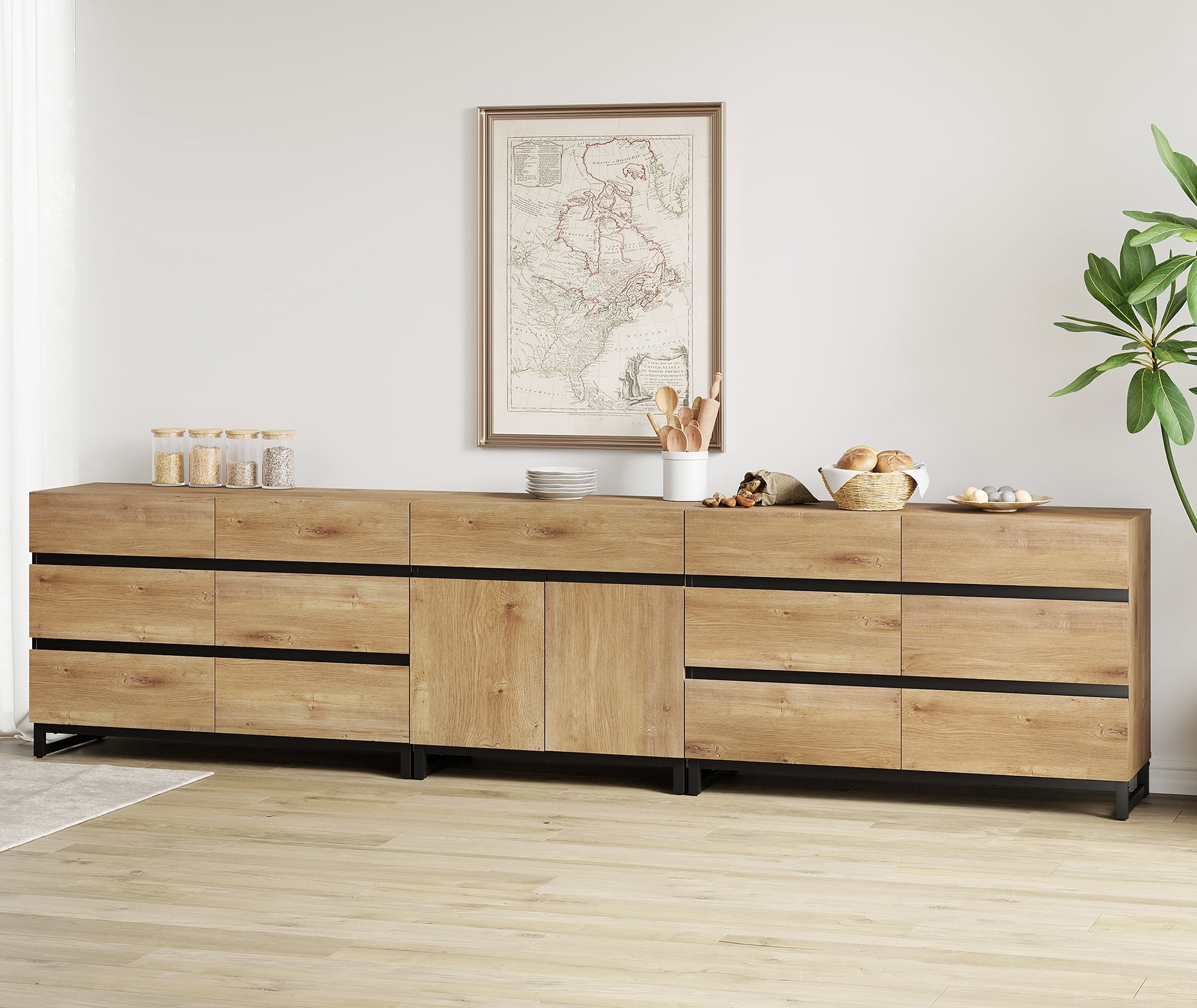 3 In 1 Modern Sideboard With 12 Drawers,Storage Cabinet With Adjustable Shelves, Coffee Bar Cabinet For Living Room, Kitchen,Oak