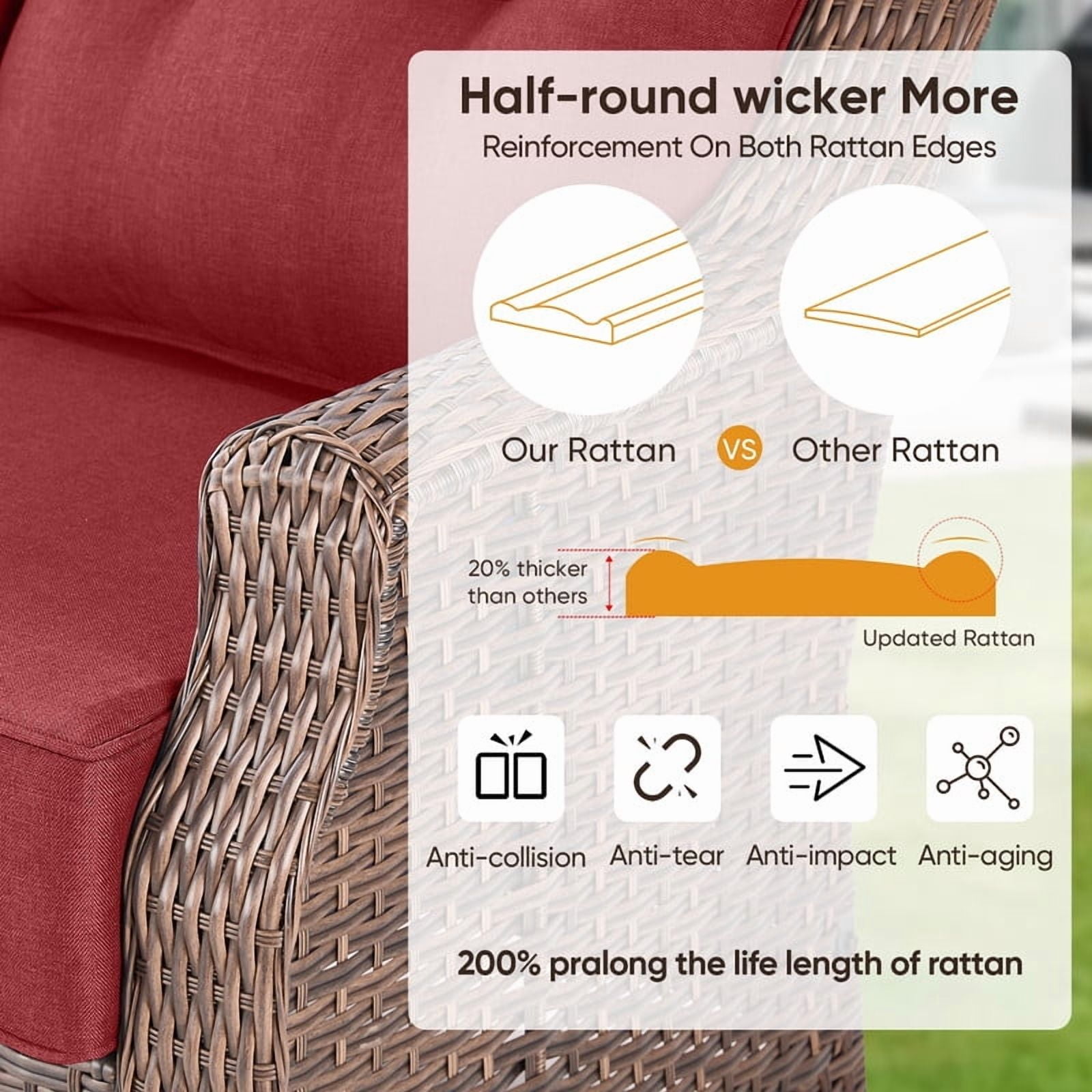 PARKWELL 5 Pieces Outdoor Patio Furniture Set with Fire Pit Table,Luxury 6" Thick Conversation Set with Swivel Glider Chairs,All-Weather Seating Furniture Set for Backyard Deck, Brown/Red