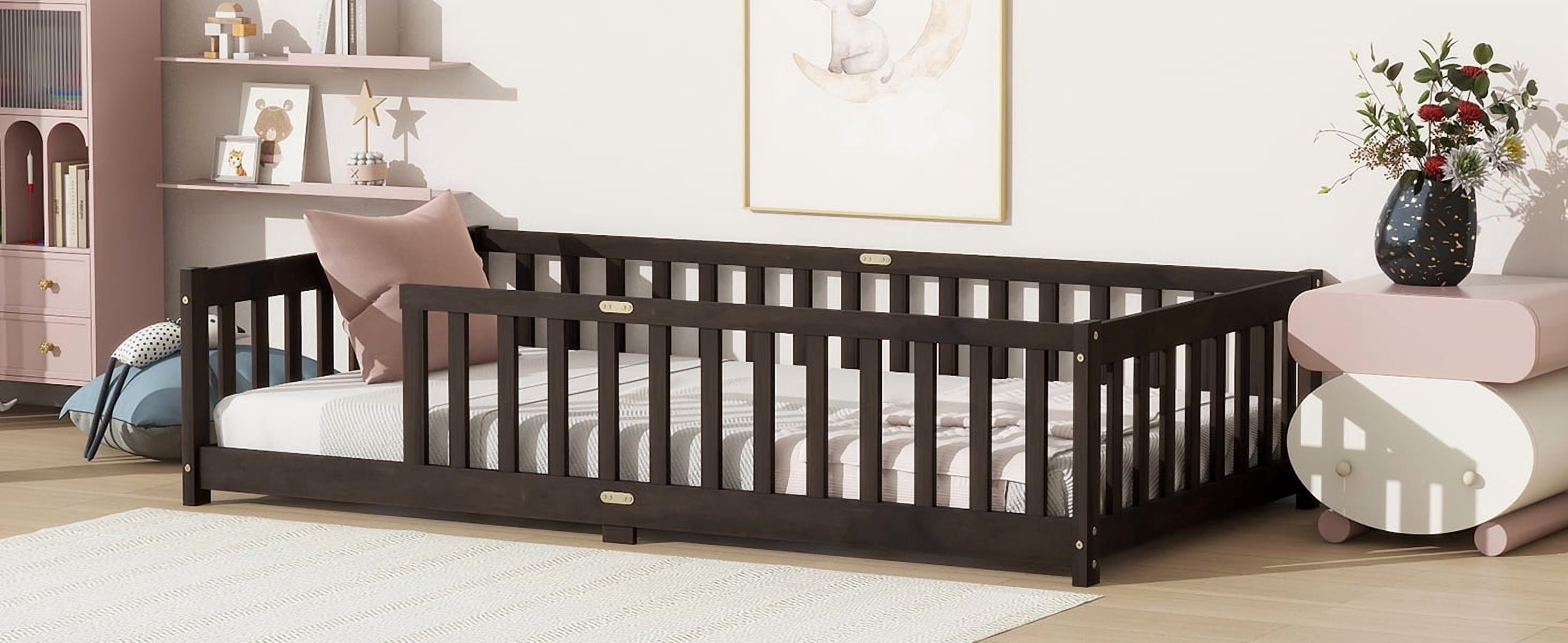 Rubber Wood Twin Kids Floor Bed with Full Surround Safety Fence (No Door), 7 Plywood Slats Platform Bed Holds 250LBS for ≤6 Inch Mattress No Box Spring Required