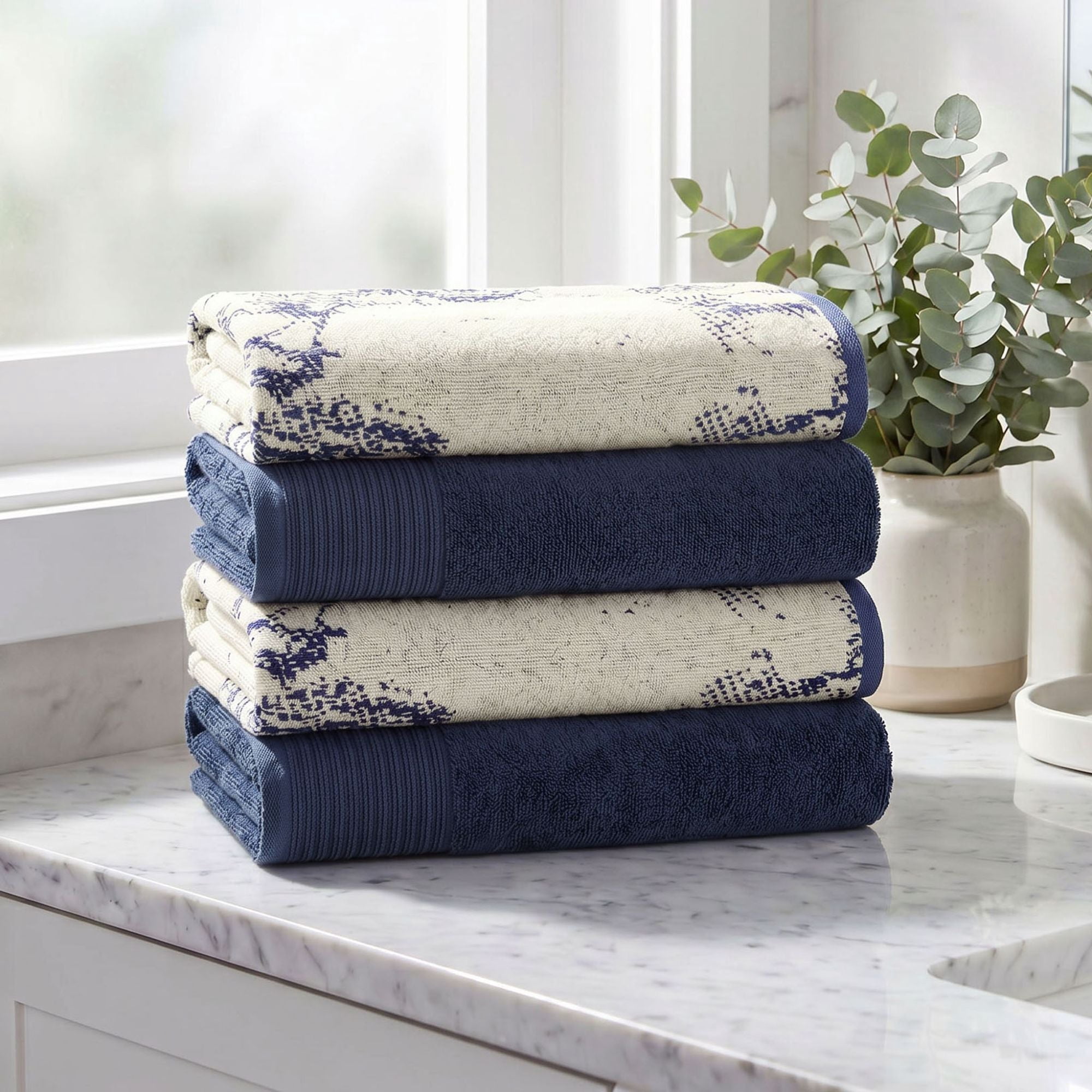 Superior Marble and Solid Jacquard Cotton Bath Towel Set, 4-Pack, Navy Blue - Ivory