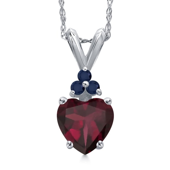 Gem Stone King 14K White Gold Red Rhodolite Garnet and Blue Sapphire Pendant Necklace for Women | 0.75 Cttw | Gemstone January Birthstone | Heart Shape 6MM | With 18 inch Chain