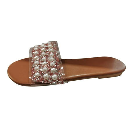 

Cathalem Ladies Fashion Transparent Rhinestone Pearl Decorative Square Open Toe Flat Slippers Pink 41