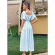 thumbnail image 4 of Vestido Informal de Verano para Mujer, de Corta, Cuello Cuadrado, Cintura Fruncida, con , Holgado, Azul XXXL, 4 of 6