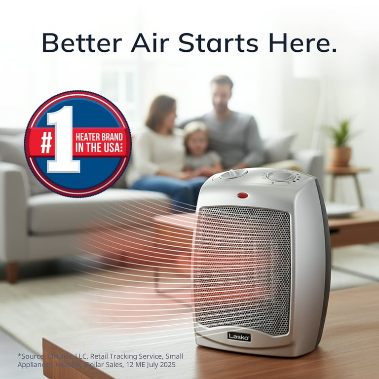 Lasko 1500W Electric Ceramic Space Heater with Adjustable Thermostat, 754200, Silver