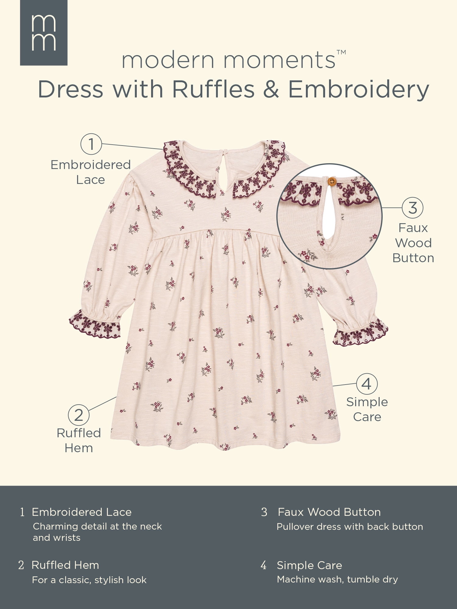 Modern Moments by Gerber Toddler Girl Dress with Neck Ruffle and Embroidery, Sizes 12 Months - 5T