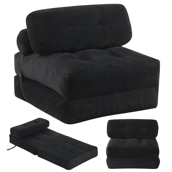 Costway Folding Sofa Bed, Convertible Sleeper Chair with Pillow Back Support Corduroy Cover Black