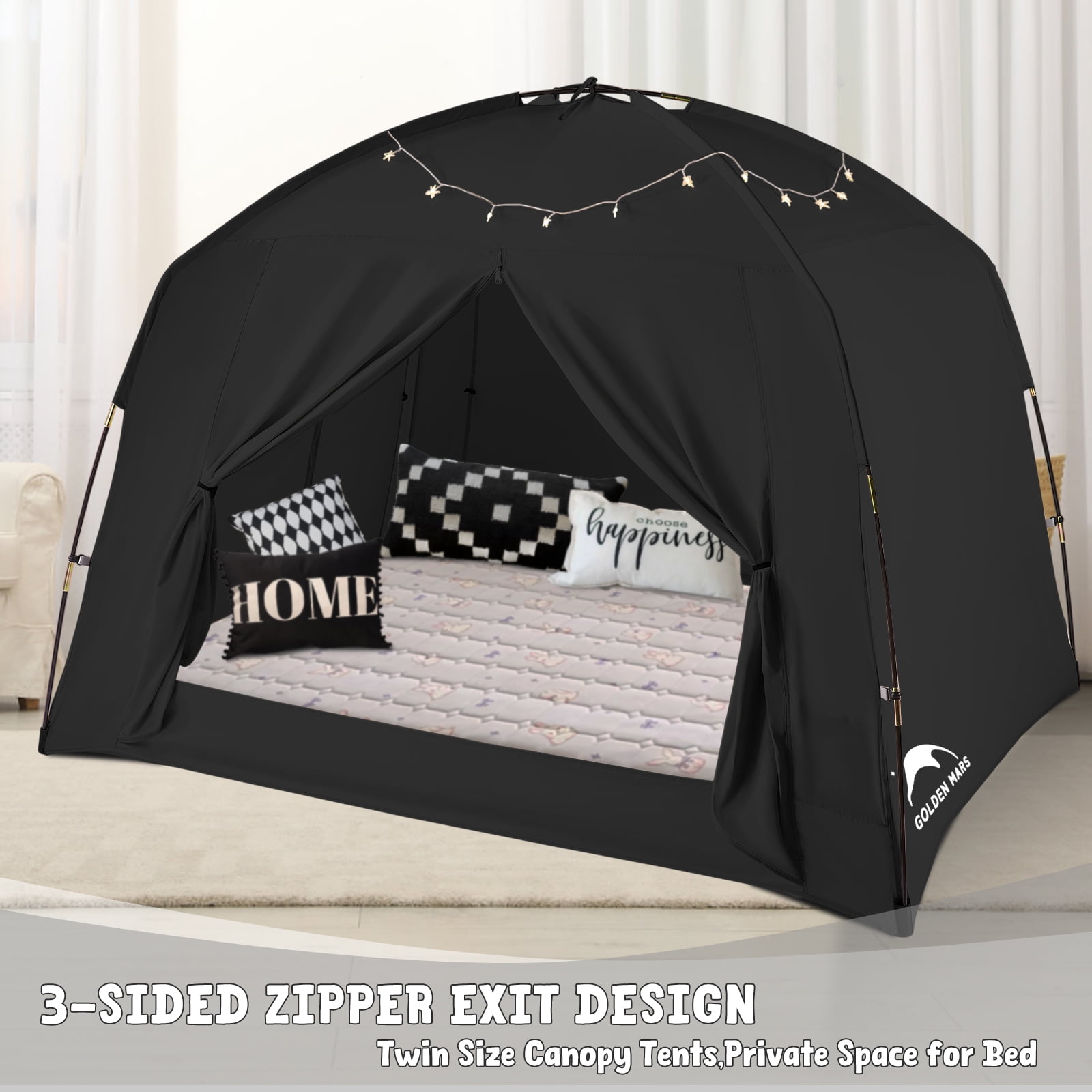 Bed Tents for Kids and Adult Portable 100% Breathable and 93% Blackout Toddler Dream Play Tent 3 Doors Big Privacy Sleep Canopy(Black, Twin-Size)