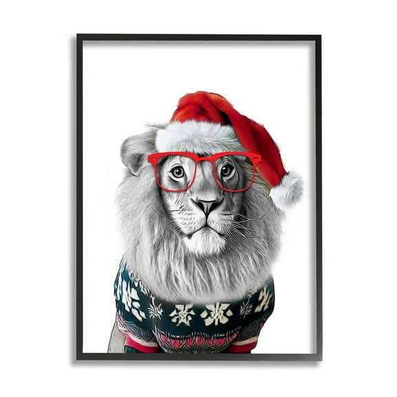 Stupell Industries Lion in Christmas Sweater Holiday Painting Black Framed Art Print Wall Art, 11 x 14
