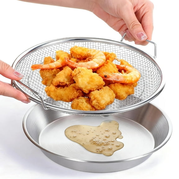 2PCS Stainless Steel Air Fryer Basket Set, Draining Rack with Handles, Food-safe Frying Pan and Crisper for Cooking, Rustproof Kitchen Accessory