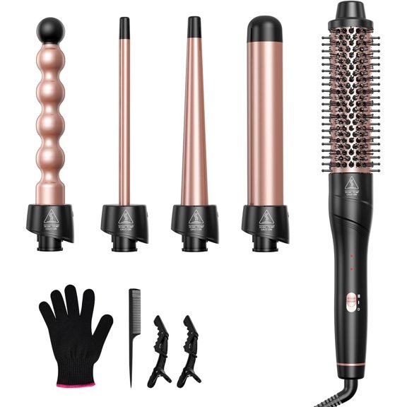 5 in 1 Curling Wand Set, Lopeie Curling Iron with New Upgraded Curling Brush and 4 Interchangeable Ceramic Curling Wand(0.5”-1.25”), Fast Heating, Include Heat Protective Glove & 2 Clips & Hair Brush