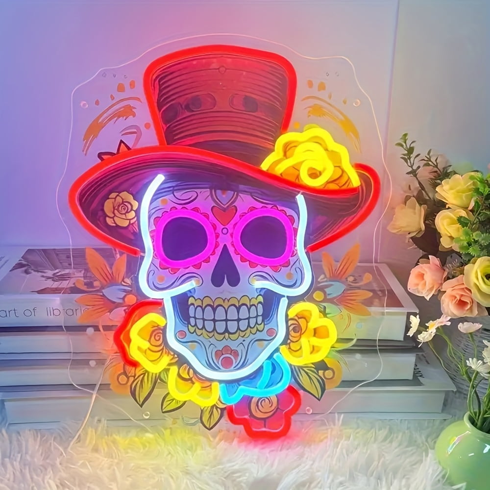Mexican Day of the Dead Skull Neon Sign - USB-Powered Gothic Decor with Top Hat, Multicolor Lighting for Home/Bar/Restaurant, Durable Plastic, Festive UV Print Artwork