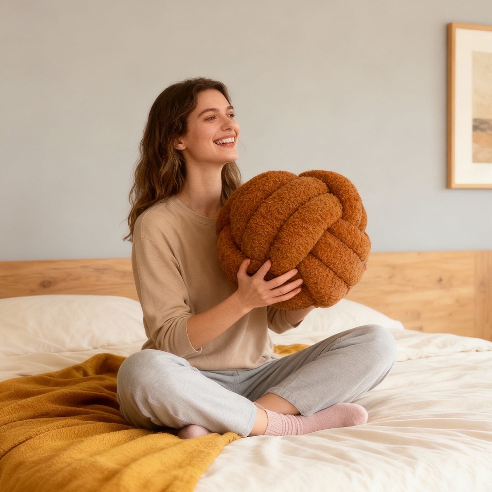 Knot Pillow Ball Plush - Decorative Throw Pillows for Bed Stress Relief, Round Knot Cushion for Sofa Decor Pet Toy, Brown 12 Inch