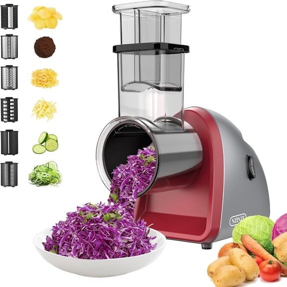 6-in-1 Blade Electric Cheese Grater 250W, Home Kitchen Salad Shooter Electric Slicer for Fruits, Vegetables & Cheeses, Gray