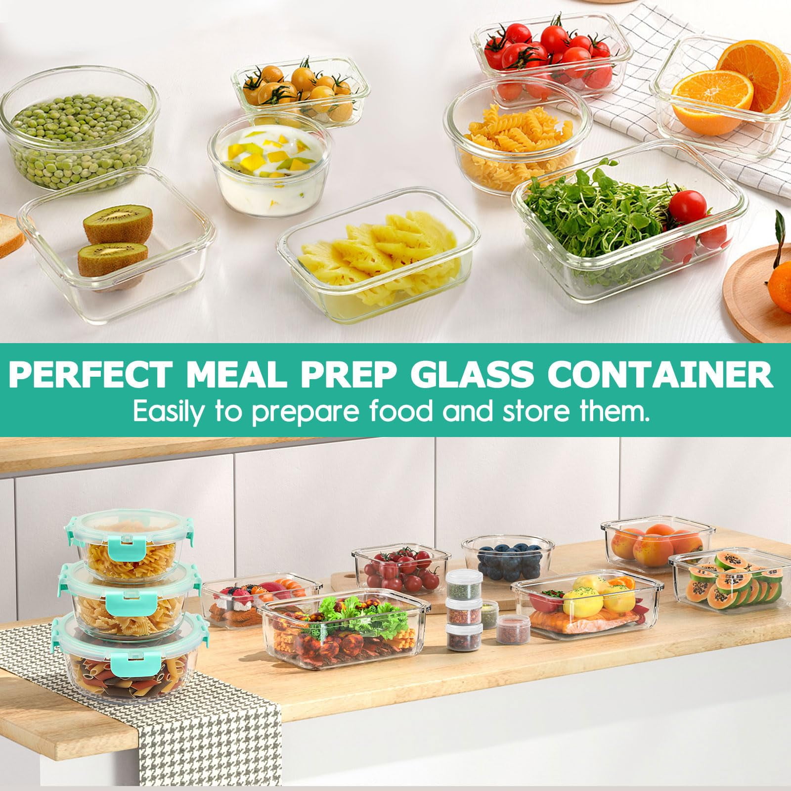 34pcs Glass Food Storage Containers with Lids Set, Airtight Meal Prep Containers (17 Containers & 17 Lids), Green