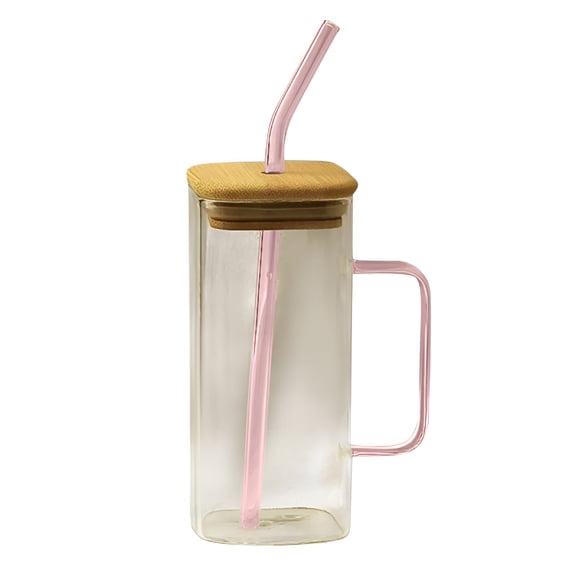 ACDANC Glass Drinking Cup 40 oz Square Glass Tumbler with Handle Clear Coffee Cups with Lids and Straws Portable Water Bottles Milk Jar Can Hold Various Beverages