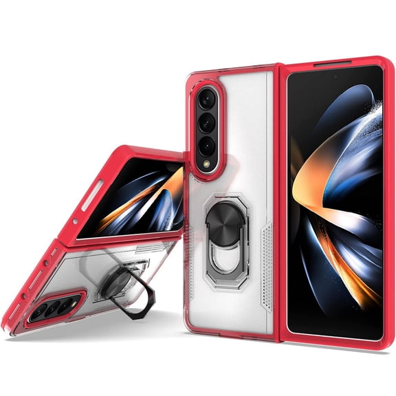 For Samsung Galaxy Z Fold 4 Transparent Magnetic Ring Stand Hybrid Case Cover - Red