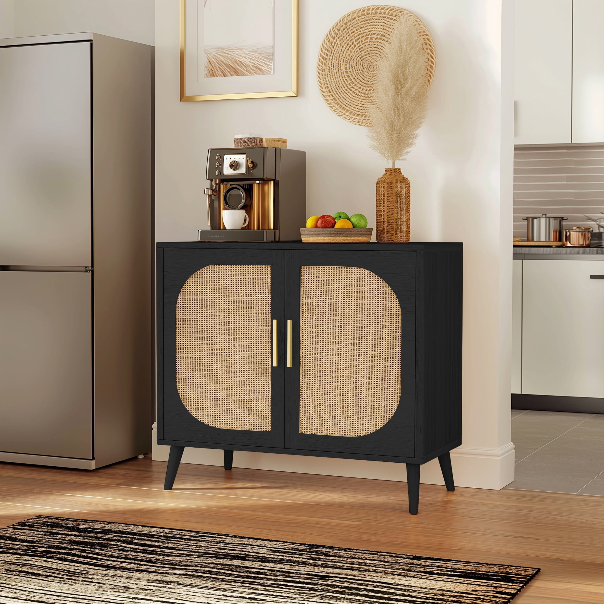Black Buffet Cabinet with 2 Doors and 4 Compartments – Solid Wood Feet Sideboard for Bathroom, Hallway, Entry, Living Room