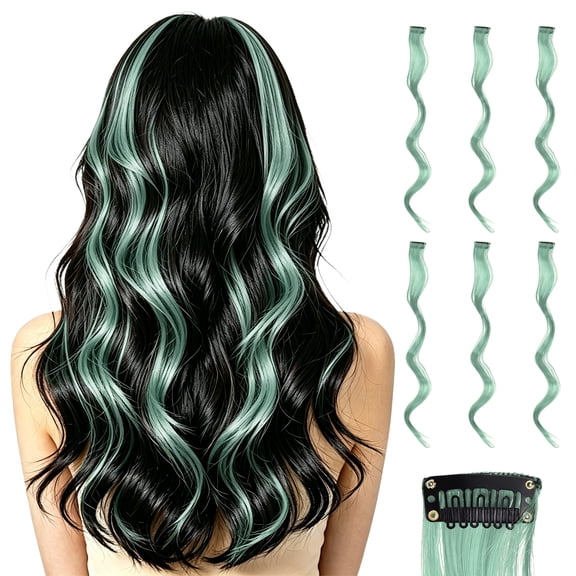Uxcell 6 Pcs Colored Clip in Hair Extensions, 22 Inch Curly Hair Wavy Extensions for Women Girls Highlights Synthetic Wig for Party Cosplay Daily Hair Styling, Teal