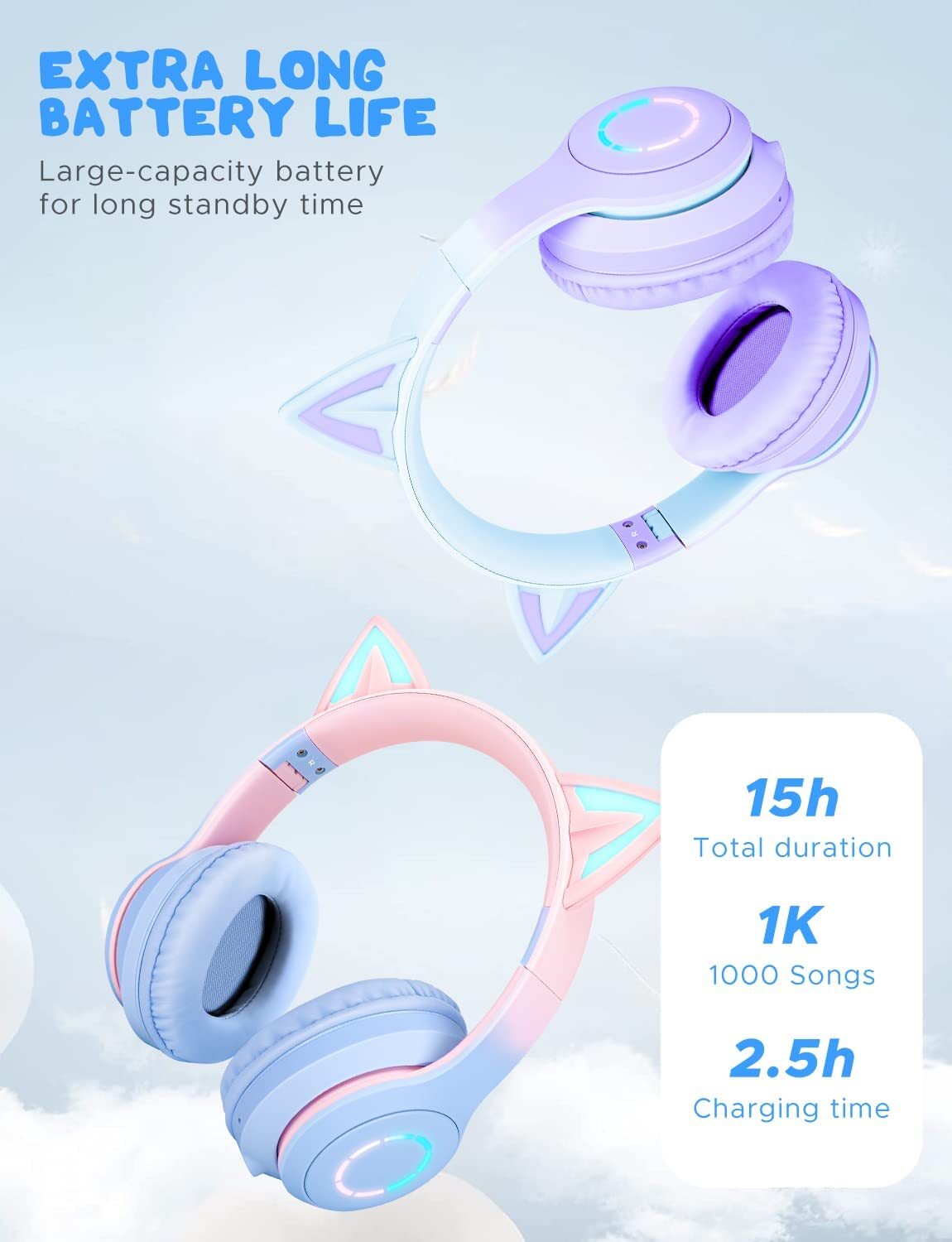 Cat Ear Kids Bluetooth Headphones for Girls for School, Foldable Wired Gaming Headset with Microphone & 3.5mm Jack, Adjustable Headband Teens Toddlers Wireless Earphones for Tablet/PC