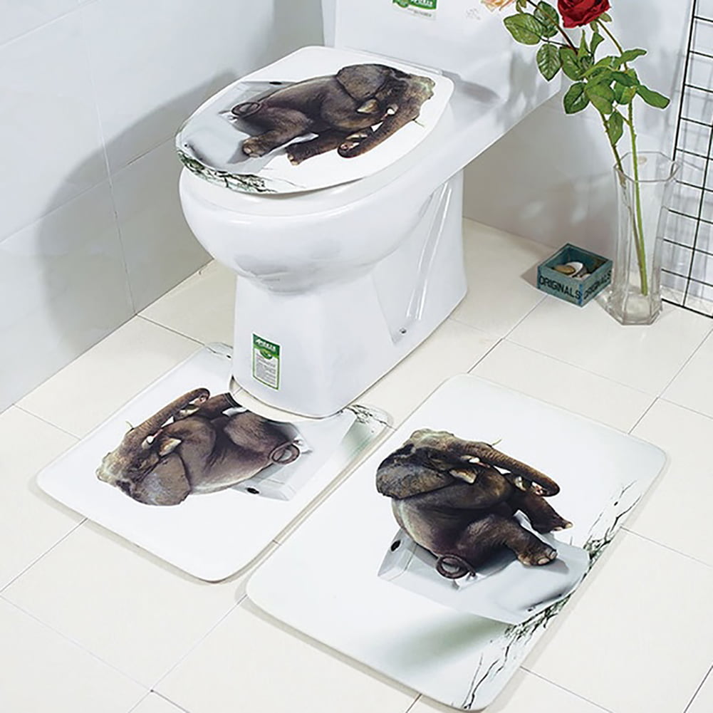 Elephant Shower Curtain Bathroom Set Flannel Mat Toilet Lid Cover Pedestal Rug 