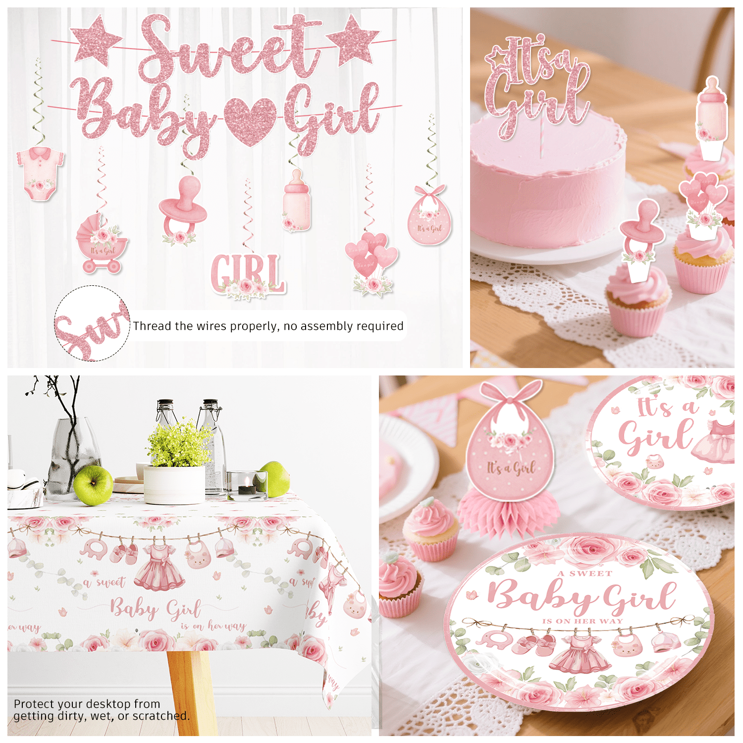 morabloomy Its a girl Baby Shower Decorations Tableware Set Severs 25 Guests, Pink Floral Girl Baby Shower Decorations 213Pcs
