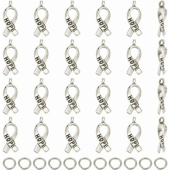 150Pcs Silver Hope Ribbon Charms 19mm Breast Cancer Awareness Charms Tibetan Style Metal Dangle Pendants with 300Pcs Jump Rings for Bracelet Necklace Earrings MakingHole:2mm Silver DIY