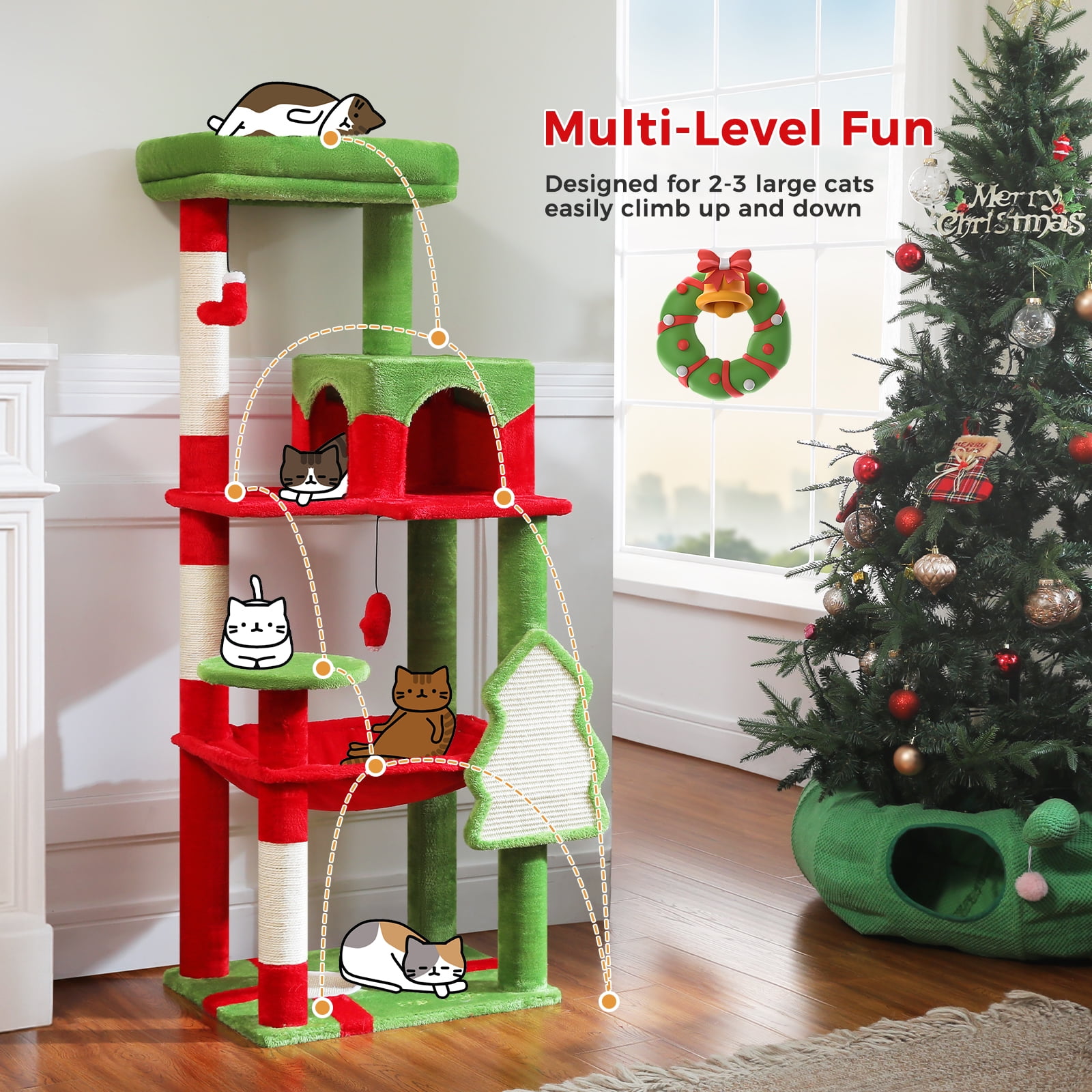 Pefilos 56" Wood Cat Tree Tower for Large Cats, Cat Tree House for Indoor Cats with Cozy Cat Condo, Super Large Hammock and Plush Perches, Red