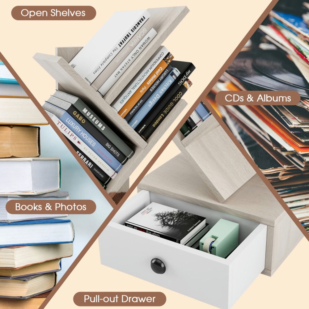 Demi Bonn 5-Tier Floor Standing Tree Bookcase with Drawer, Space-Saving Bookshelf, Beige