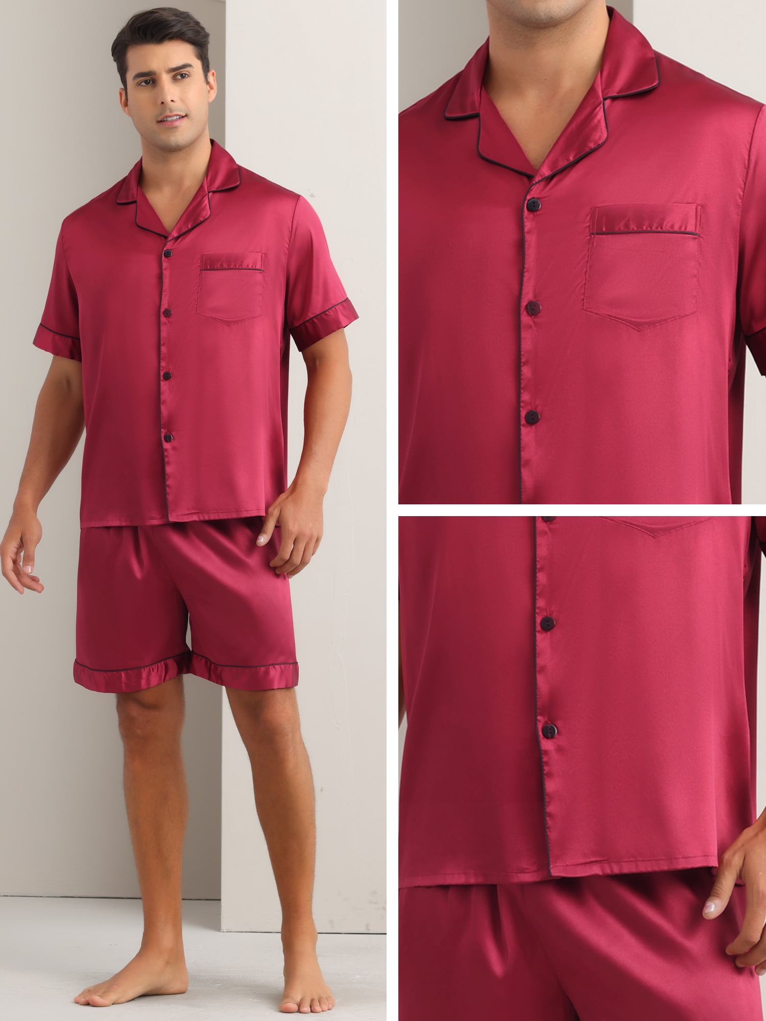 DARING DIVA Men's 2-Piece Satin Short Sleeve Nightwear Shorts Pajamas Set XL Red