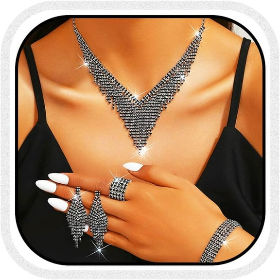 Bridal Wedding Jewelry Set Silver Sparkly Rhinestones Necklace Earrings Bracelet Ring Sets Prom Costume Jewelry for Women and Brides