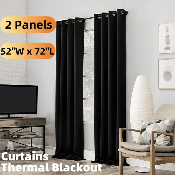 Black Thermal Blackout Curtains/52 x 72 Inch/Set of 2 Panels Room Darkening Curtains for Bedroom