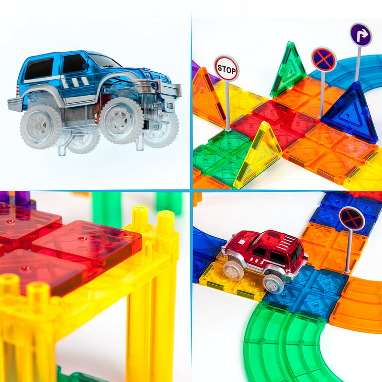 PicassoTiles 100 Pcs Race Car Track Magnet Building Blocks Toys for Kids  Ages 3+ PTR100 