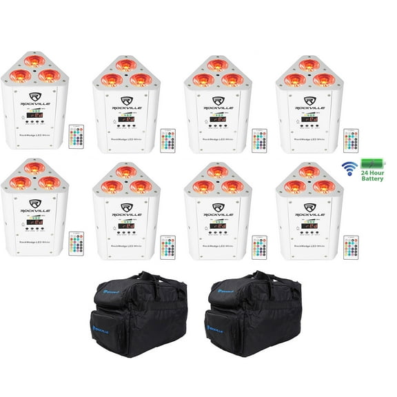(8) Rockville RockWedge LED White RGBWA UV Rechargeable Wireless DMX Lights Bag