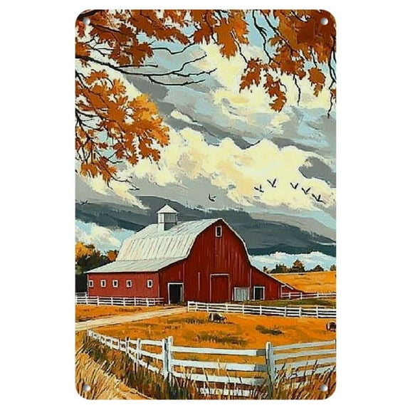 1pc Rustic Farmhouse Vintage Metal Tin Sign, Serene Countryside Red Barn Autumn Scene Wall Art, Retro Poster for Home, Office, Bar Decor