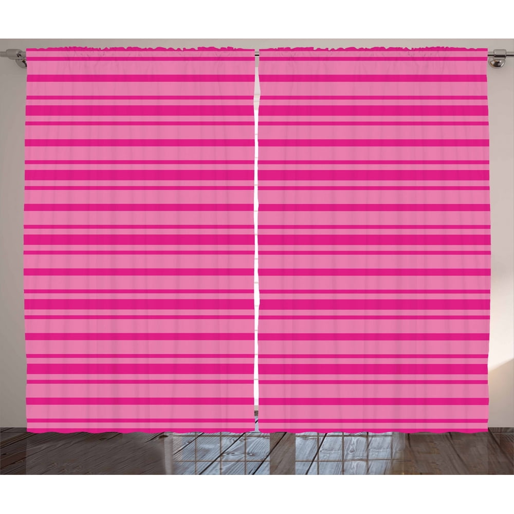 Hot Pink Curtains 2 Panels Set, Horizontal Bold and Thin Stripes in