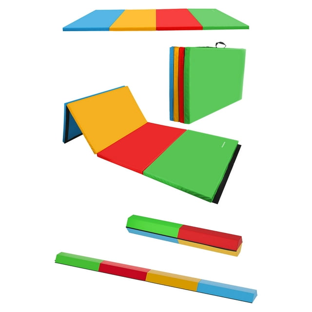BalanceFrom 6ftx4ftx2in 4-Panel Folding Gymnastics Mat w/ 8ft Balance Beam, Multicolored