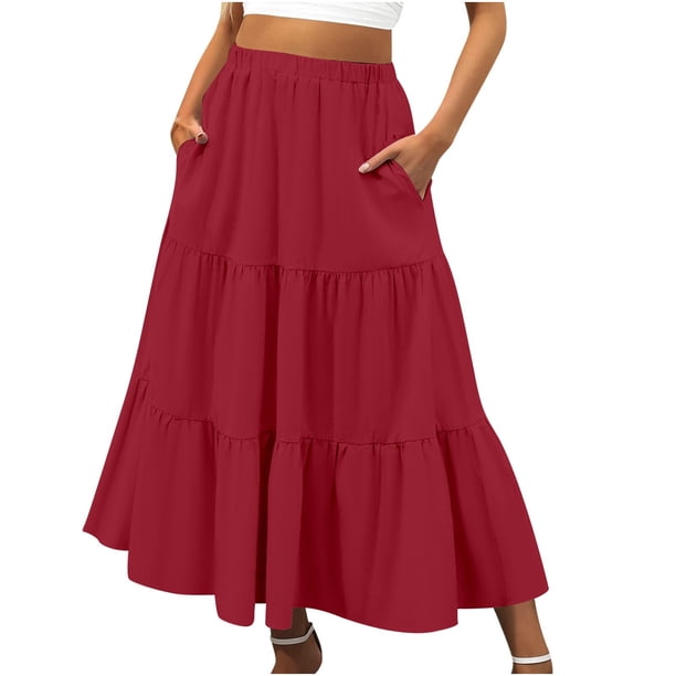 Falda boho de verano con cintura elástica y pliegues en línea A para mujer: falda de playa fluida con bolsillos, poliéster ligero para primavera/verano/otoño.